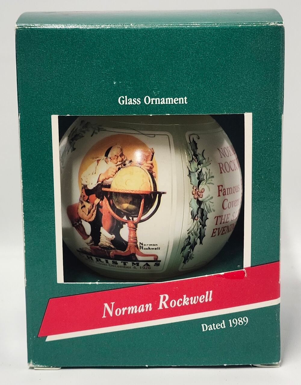 1989 Hallmark Norman Rockwell Glass Ornament Saturday Evening Post Santa Box